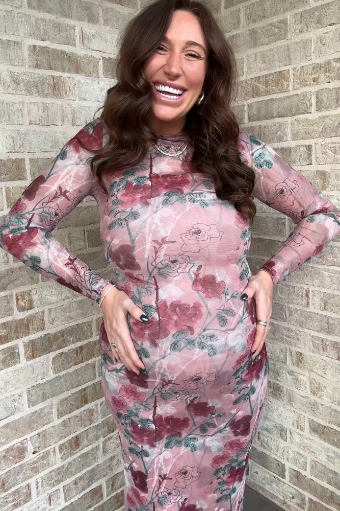 Mauve Floral Printed Mesh Overlay Maternity Maxi Dress