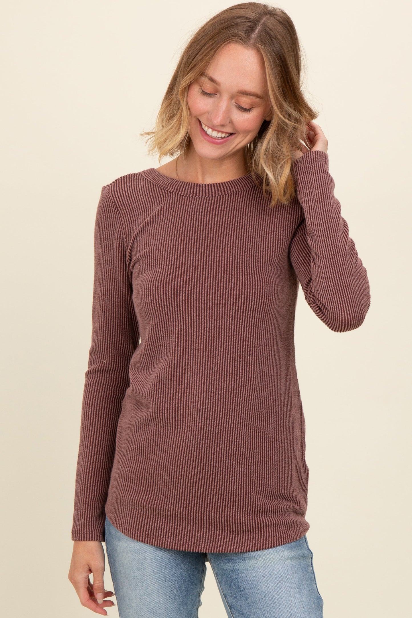 Brown Ribbed Scoop Neck Long Sleeve Maternity Top
