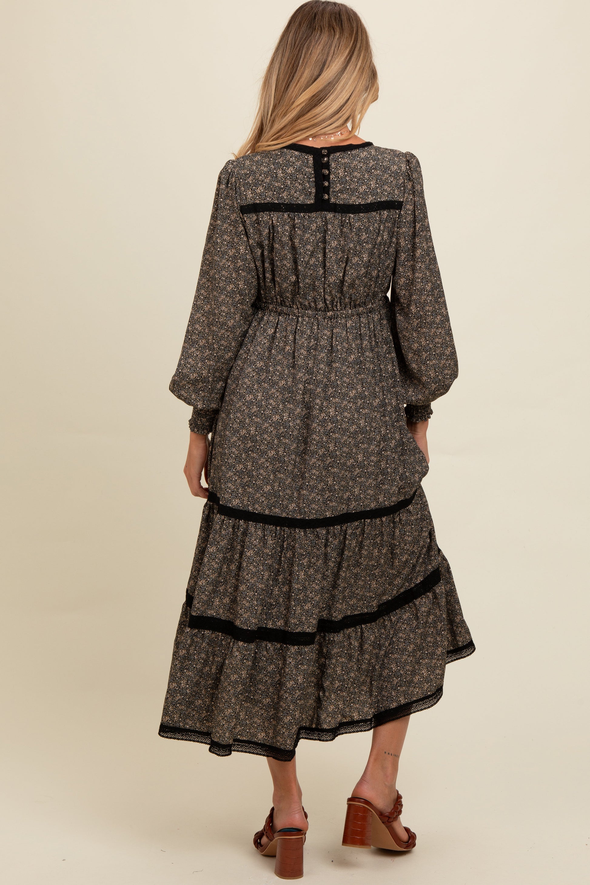 Pinkblush Black Floral Lace Trim Bubble Sleeve Maternity Maxi Dress Small Pinkblush Black Floral Lace Trim Bubble Sleeve Maternity Maxi Dress Small