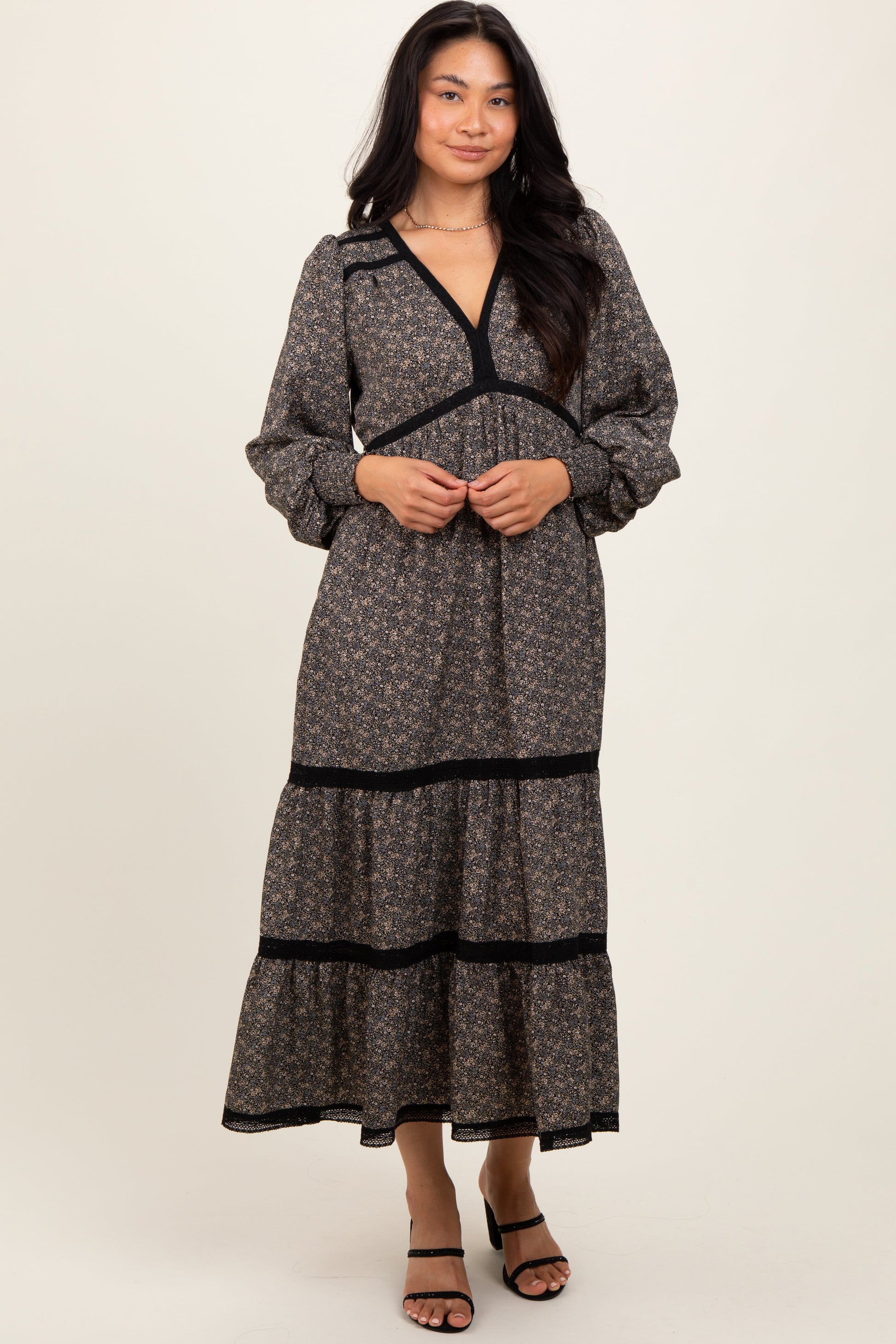 PinkBlush Black Floral Lace Trim Bubble Sleeve Maternity Maxi Dress Small PinkBlush Black Floral Lace Trim Bubble Sleeve Maternity Maxi Dress Small