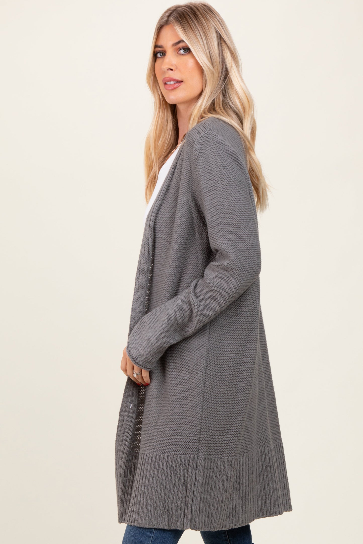 Charcoal Contrast Rib Long Open Cardigan