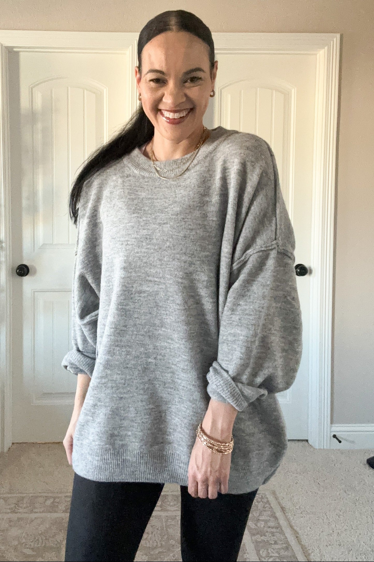 Heather Grey Oversized Crewneck Melange Knit Sweater
