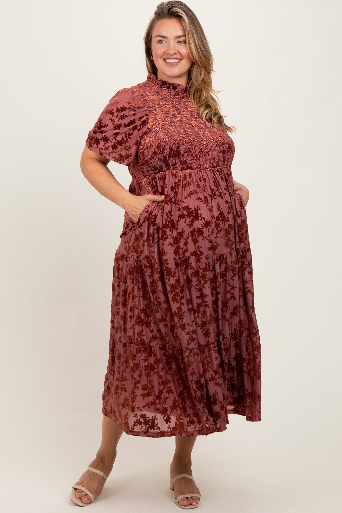 Mauve Floral Velvet Print Smocked Maternity Plus Midi Dress