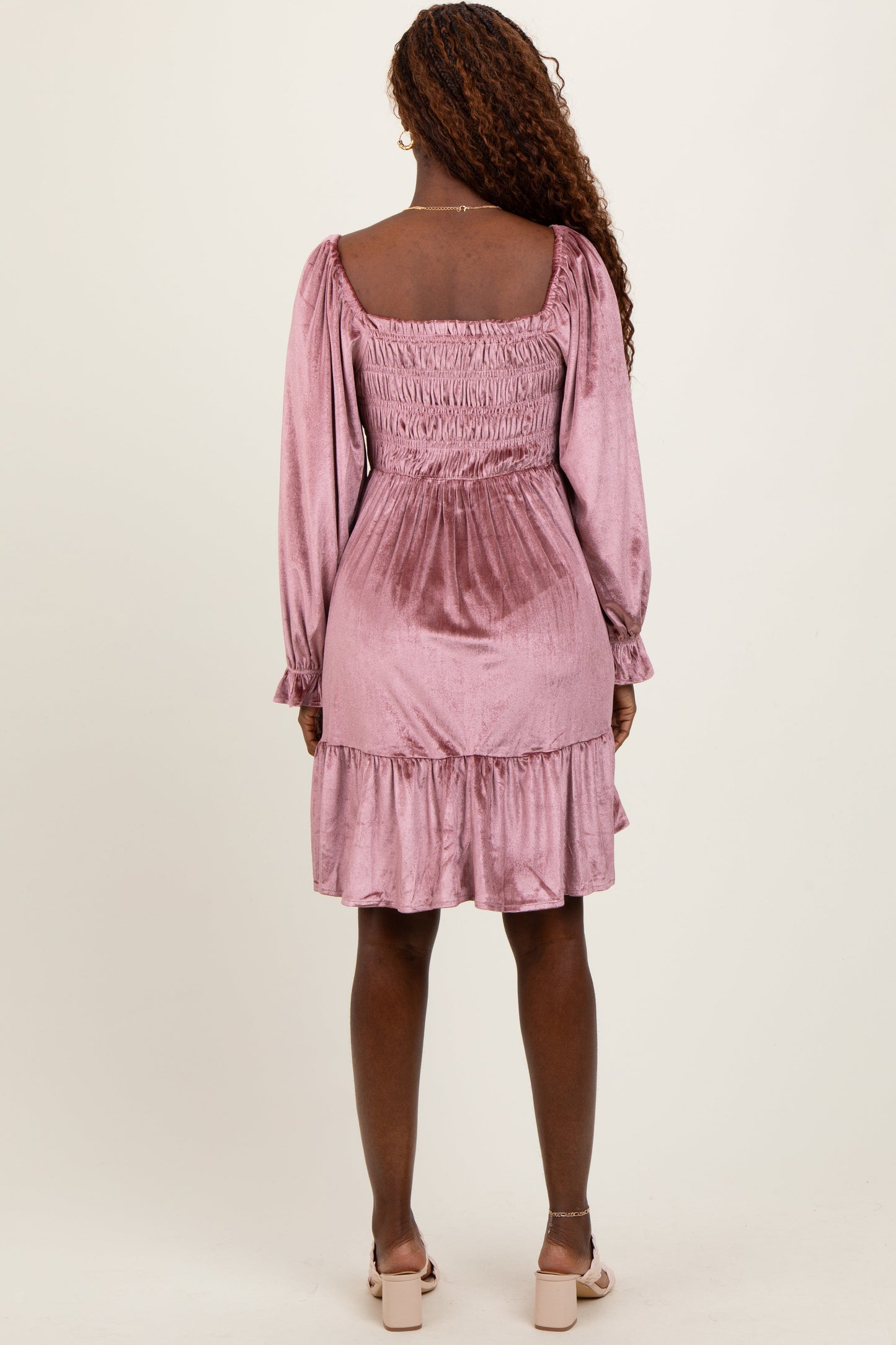 Mauve Velvet Smocked Long Sleeve Dress