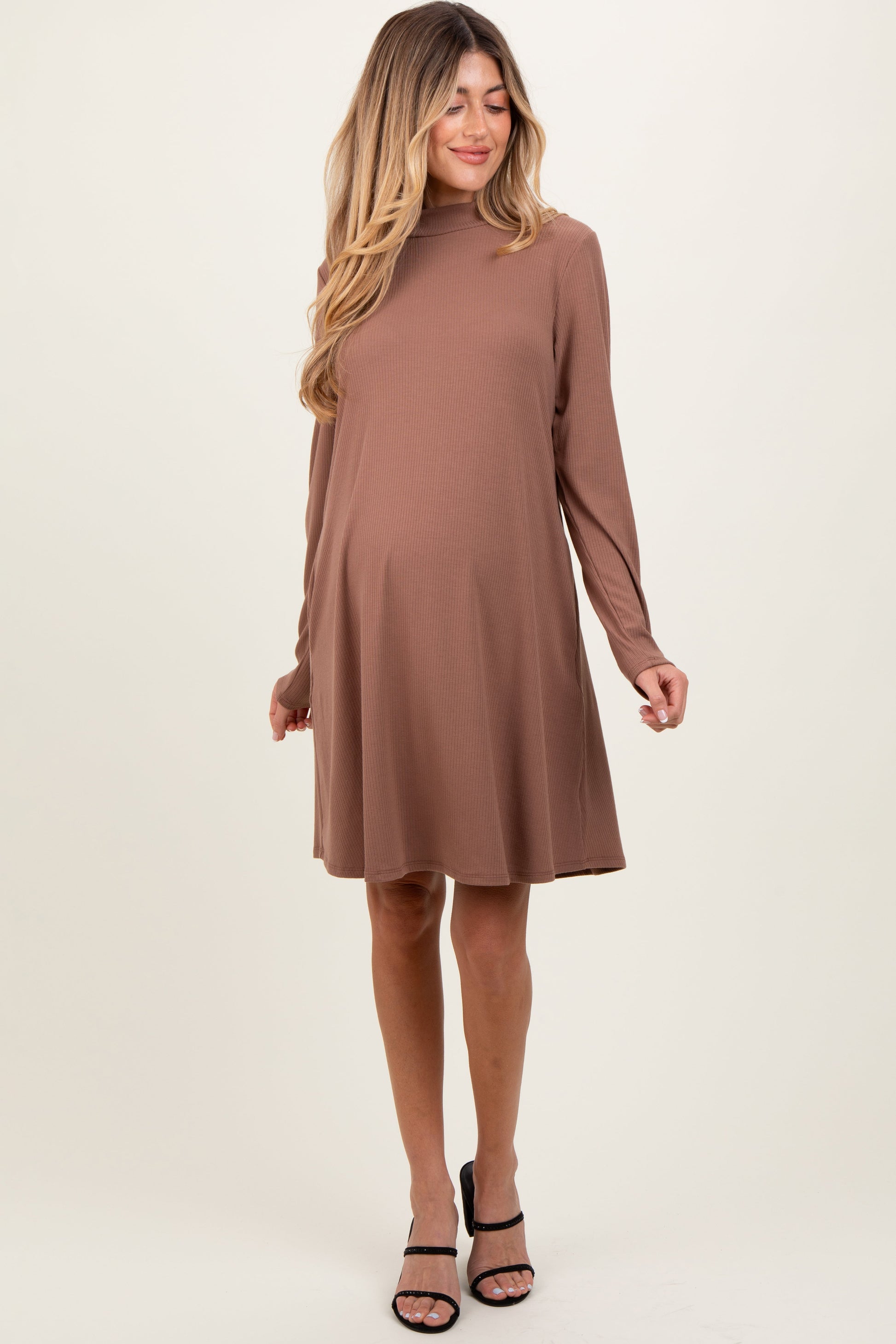 PinkBlush Ribbed Mock Neck Long Sleeve Basic Dress in Mocha at Nordstrom, Size Medium PinkBlush Ribbed Mock Neck Long Sleeve Basic Dress in Mocha at Nordstrom, Size Medium