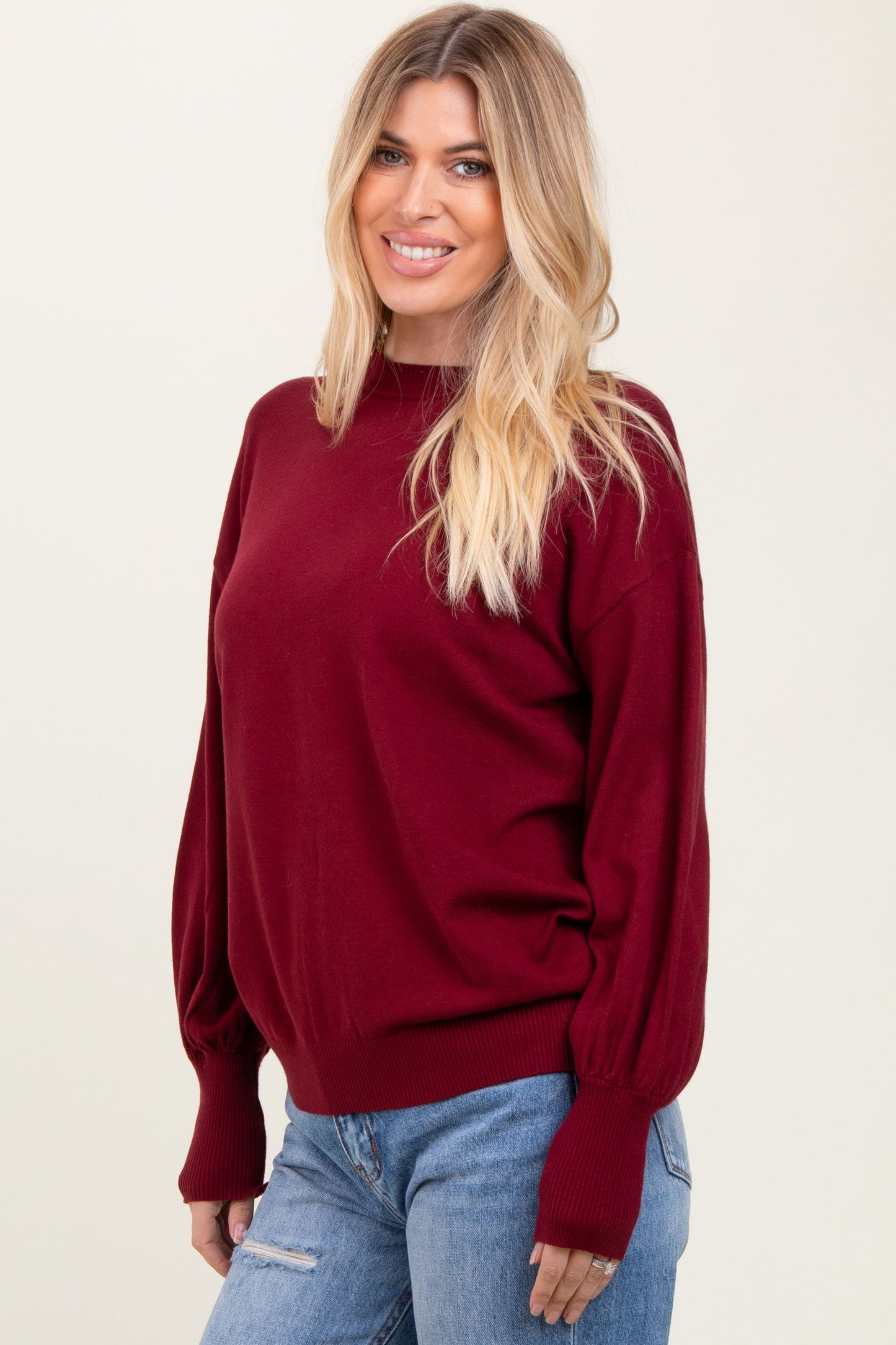 Burgundy  Fine Knit Balloon Sleeve Sweater