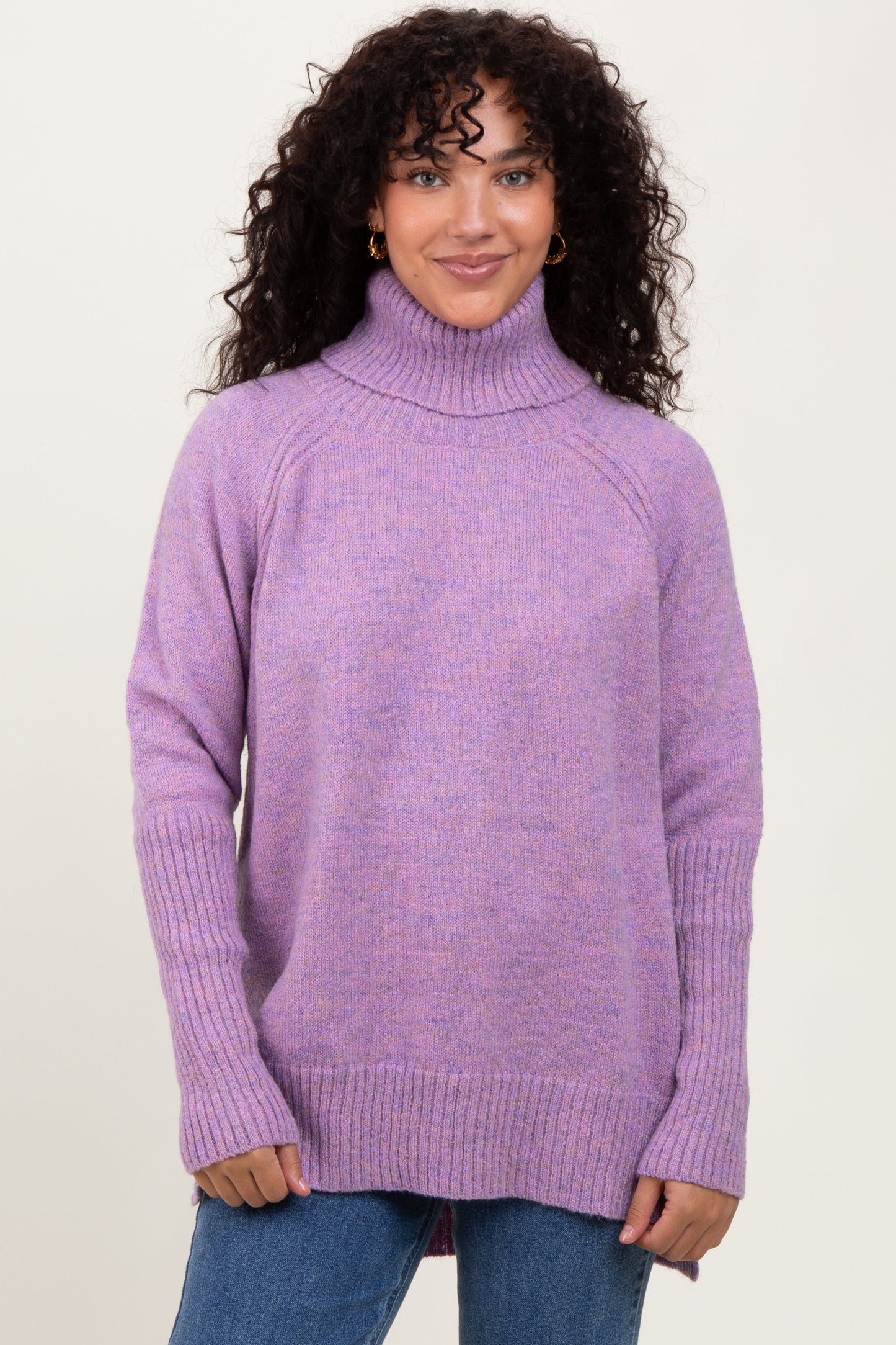 Lavender Contrast Rib Turtle Neck Sweater