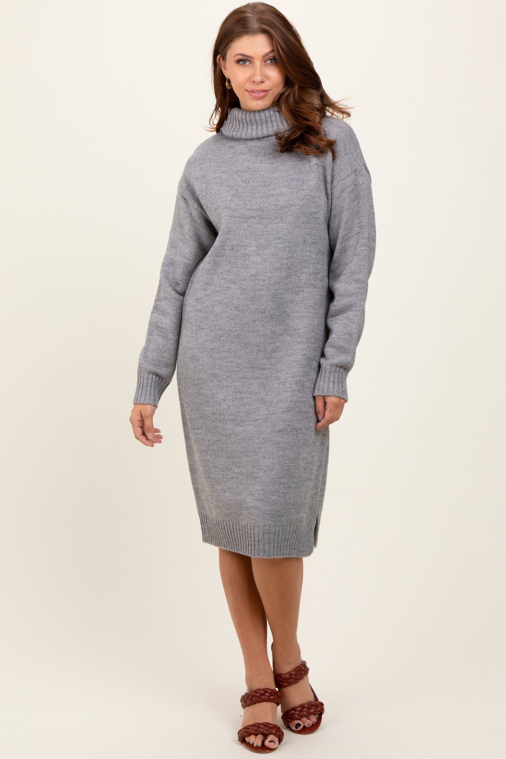 Heather Grey Turtleneck Side Slit Maternity Midi Sweater Dress The Prissy Pelican Heather Grey Turtleneck Side Slit Maternity Midi Sweater Dress The Prissy Pelican