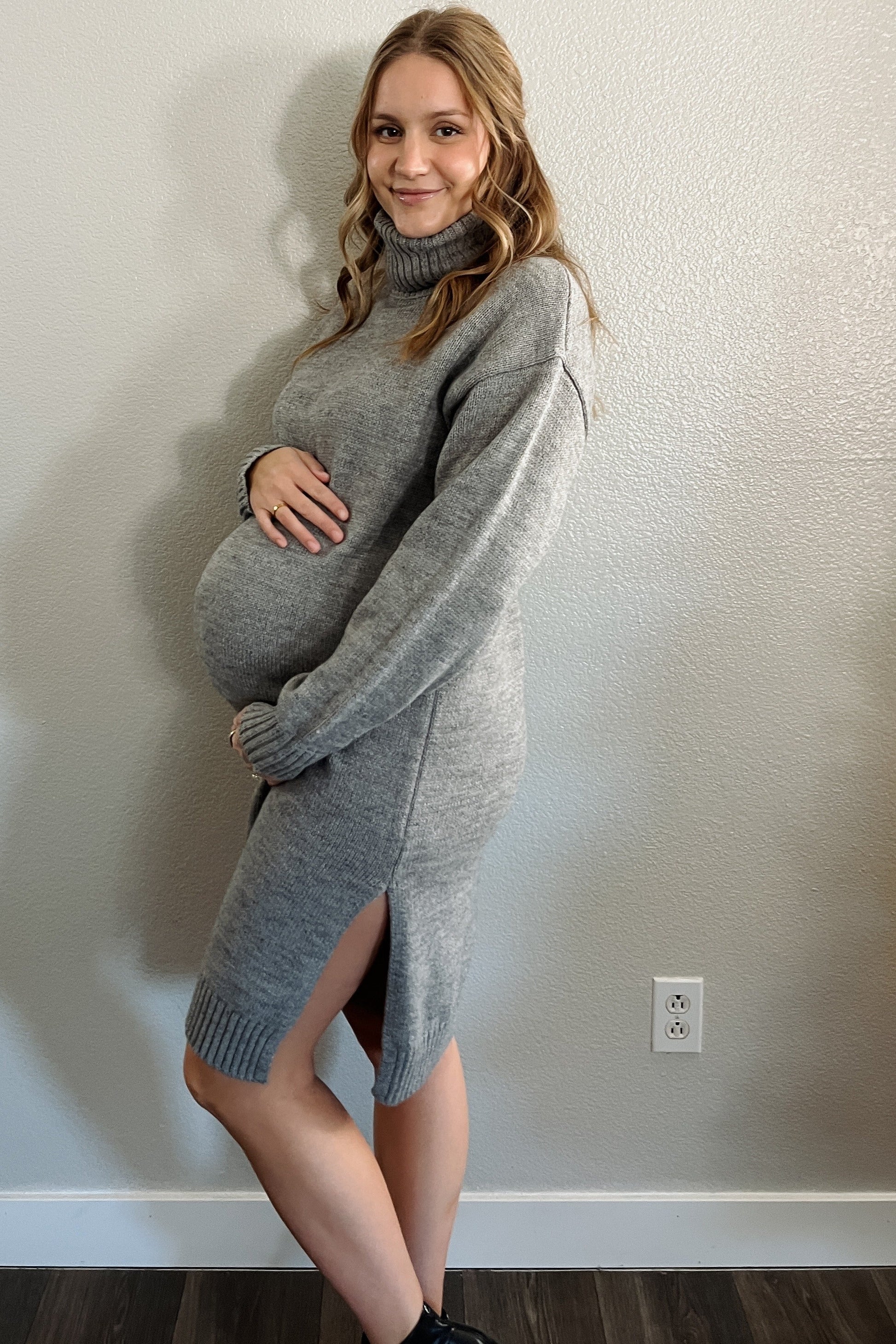 Heather Grey Turtleneck Side Slit Maternity Midi Sweater Dress The Prissy Pelican Heather Grey Turtleneck Side Slit Maternity Midi Sweater Dress The Prissy Pelican