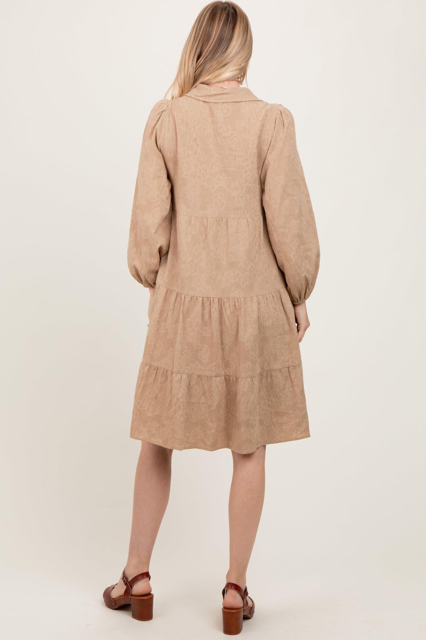 Camel Tiered Button Down Shirt Dress