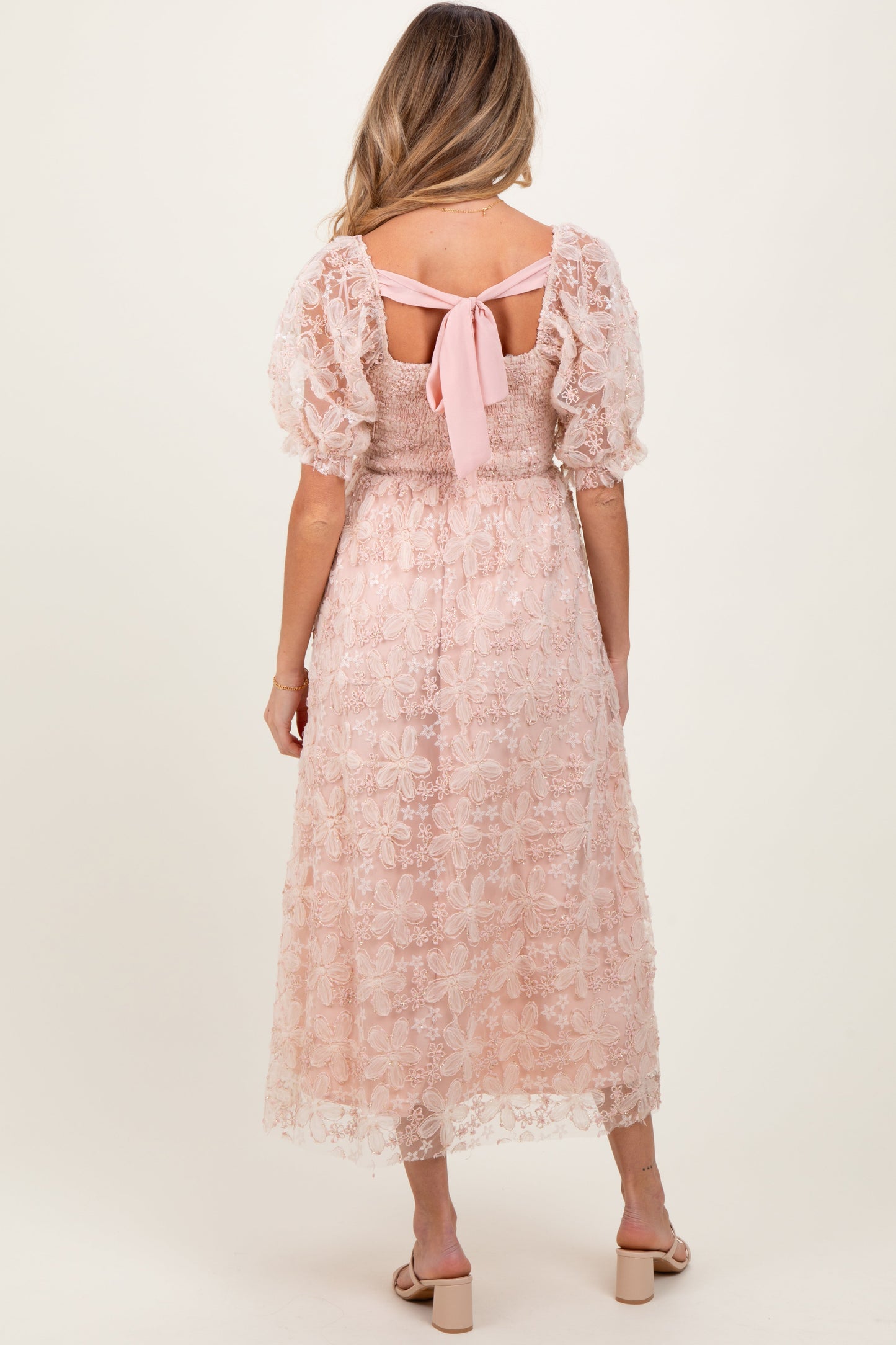 Light Pink Floral Mesh Overlay Tie Back Maternity Midi Dress