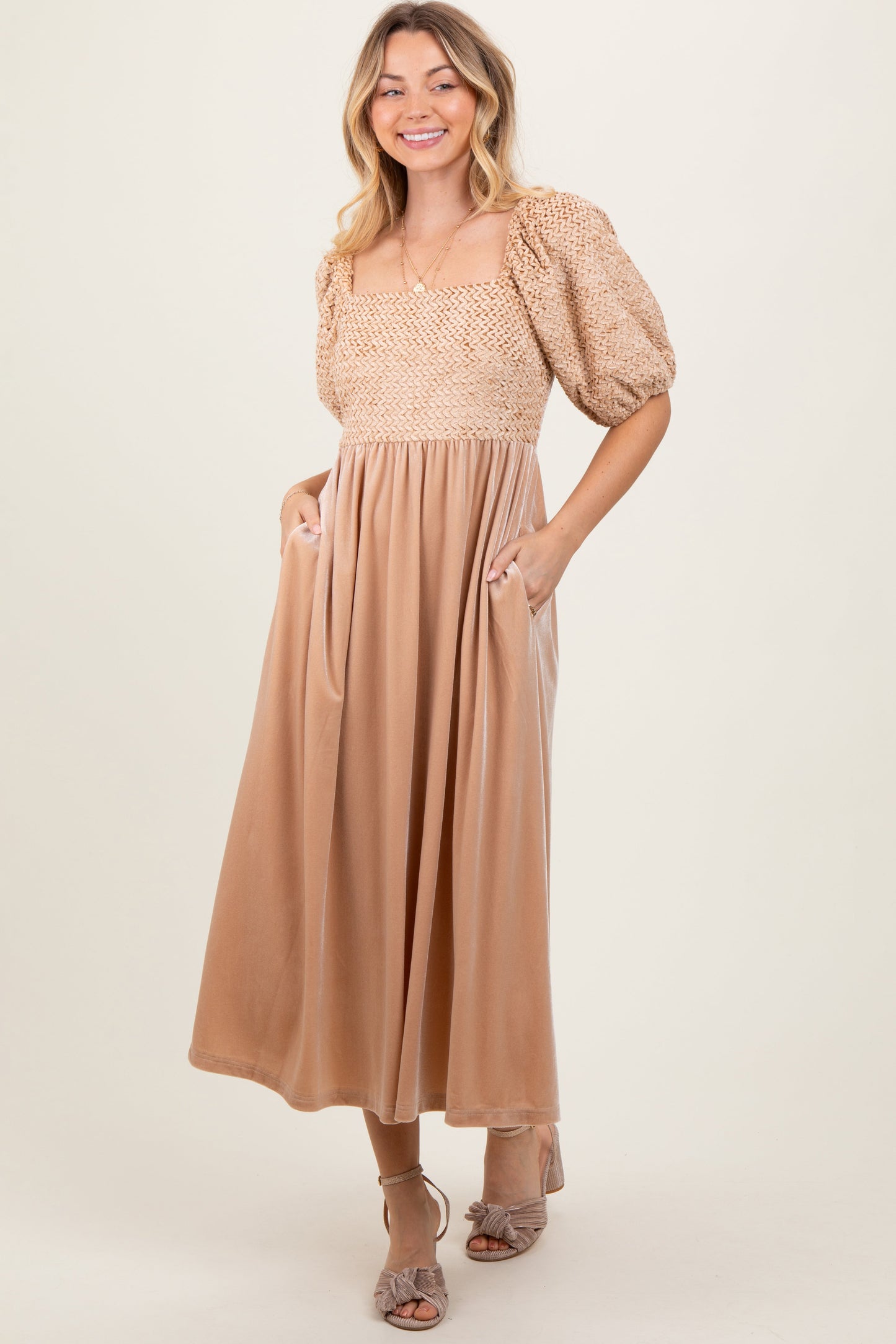 Tan Velvet Contrast Square Neck Midi Dress