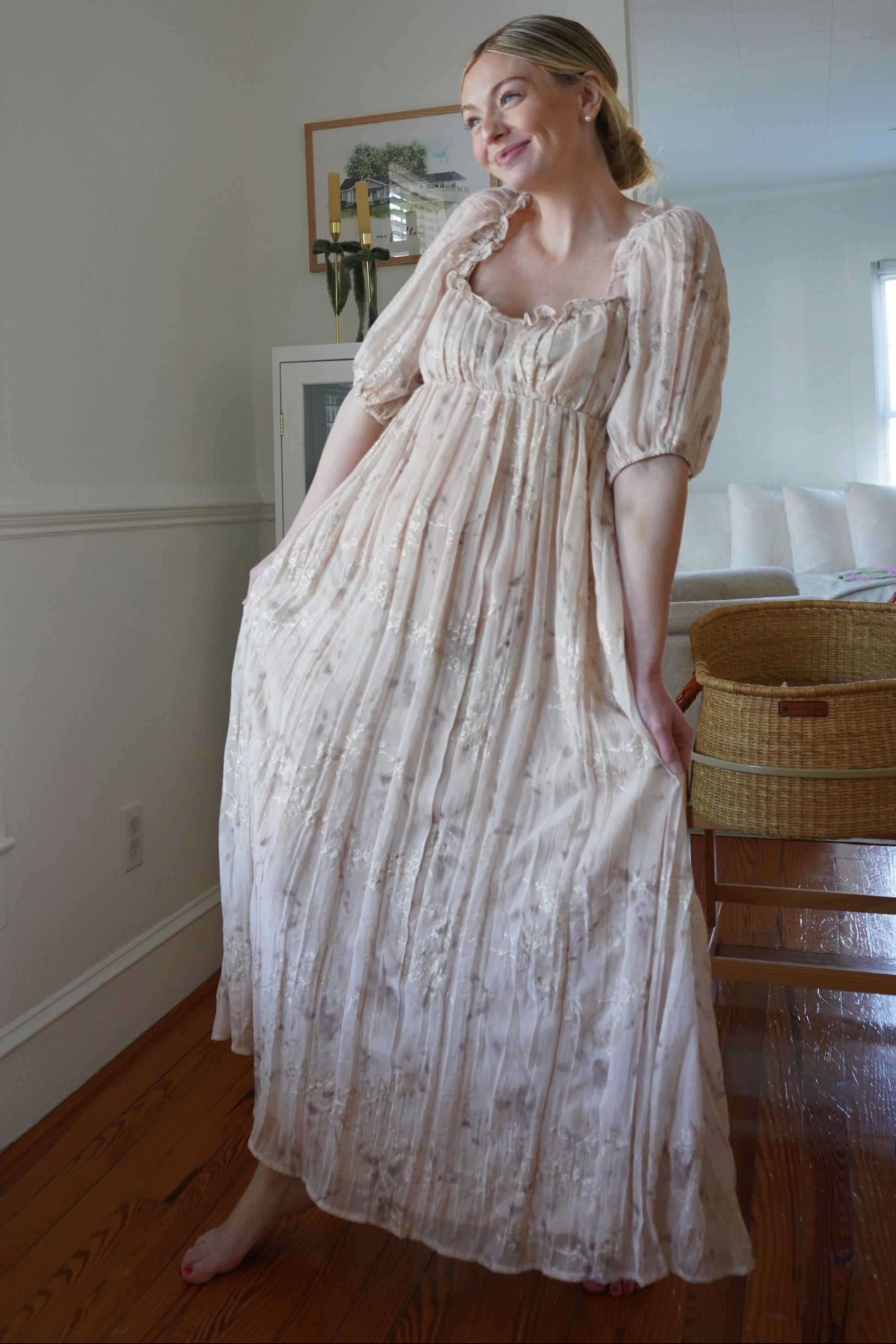 floral chiffon maternity maxi dress Cream Floral Chiffon Embroidered Ruffle Trim Maternity Maxi Dress PinkBlush