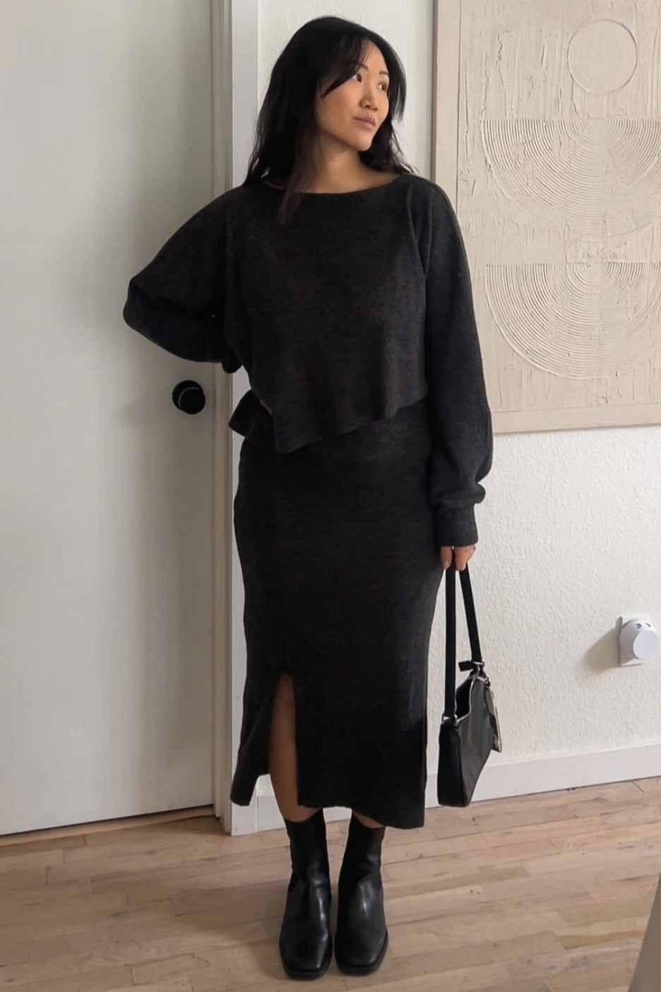 Charcoal Ribbed Knit Asymmetric Top Midi Skirt Set