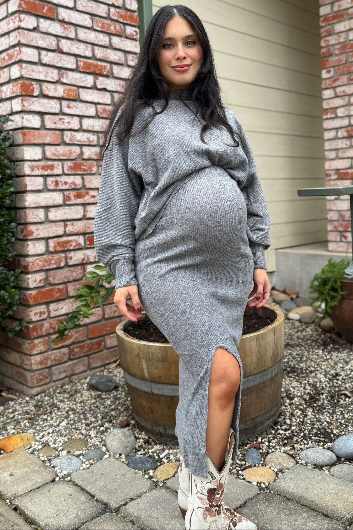 Heather Grey Ribbed Knit Asymmetric Top Midi Skirt Maternity Set