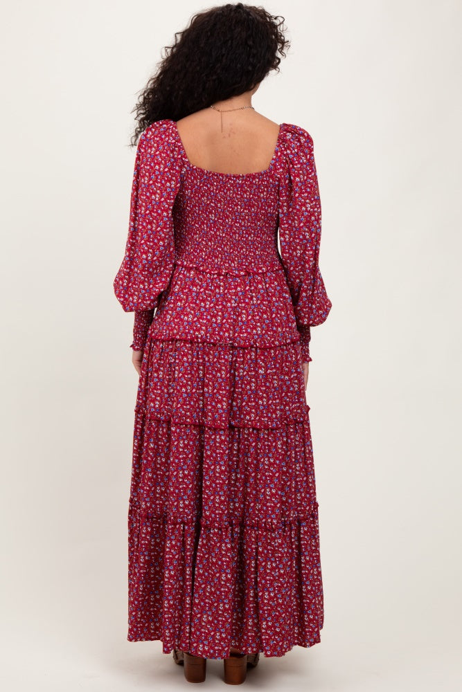 Burgundy Floral Button Accent Bodice Tiered Maxi Dress