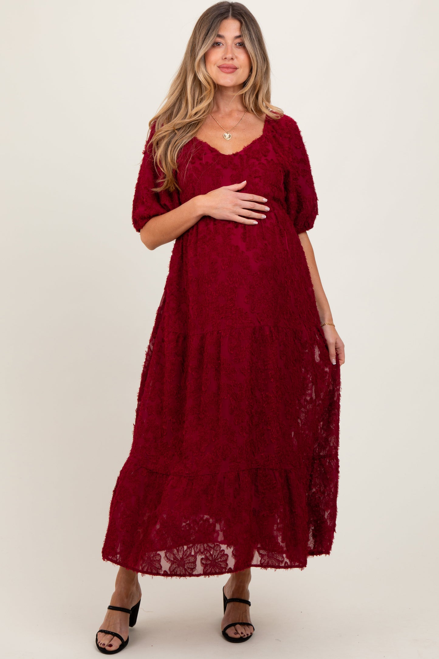 Burgundy Textured Tiered Maternity Midi Dress