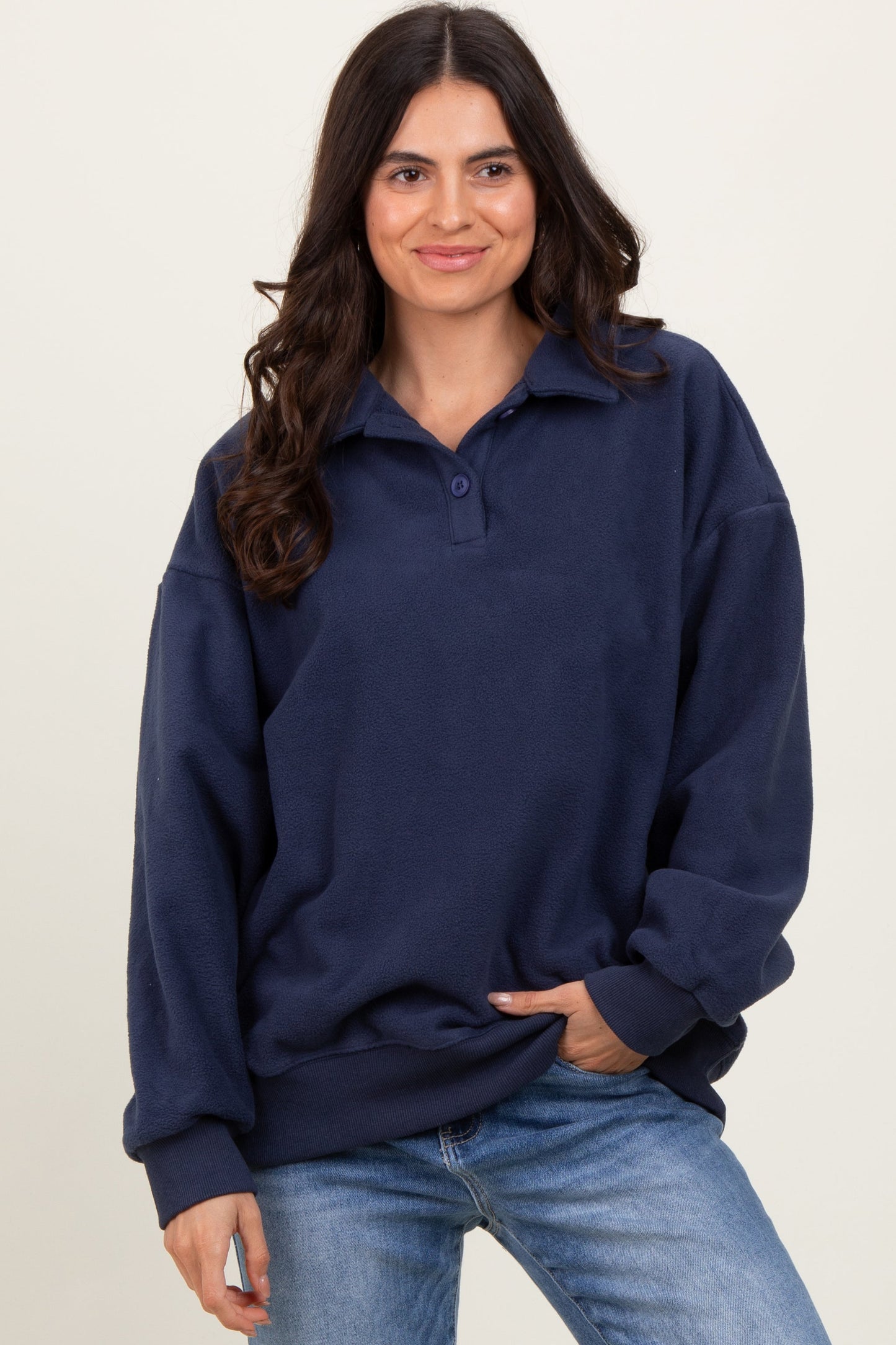 Navy Fleece Collared Button Up Pullover