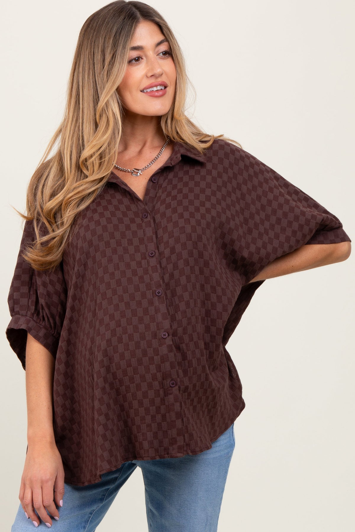 Brown Checker Print Short Sleeve Oversized Maternity Blouse