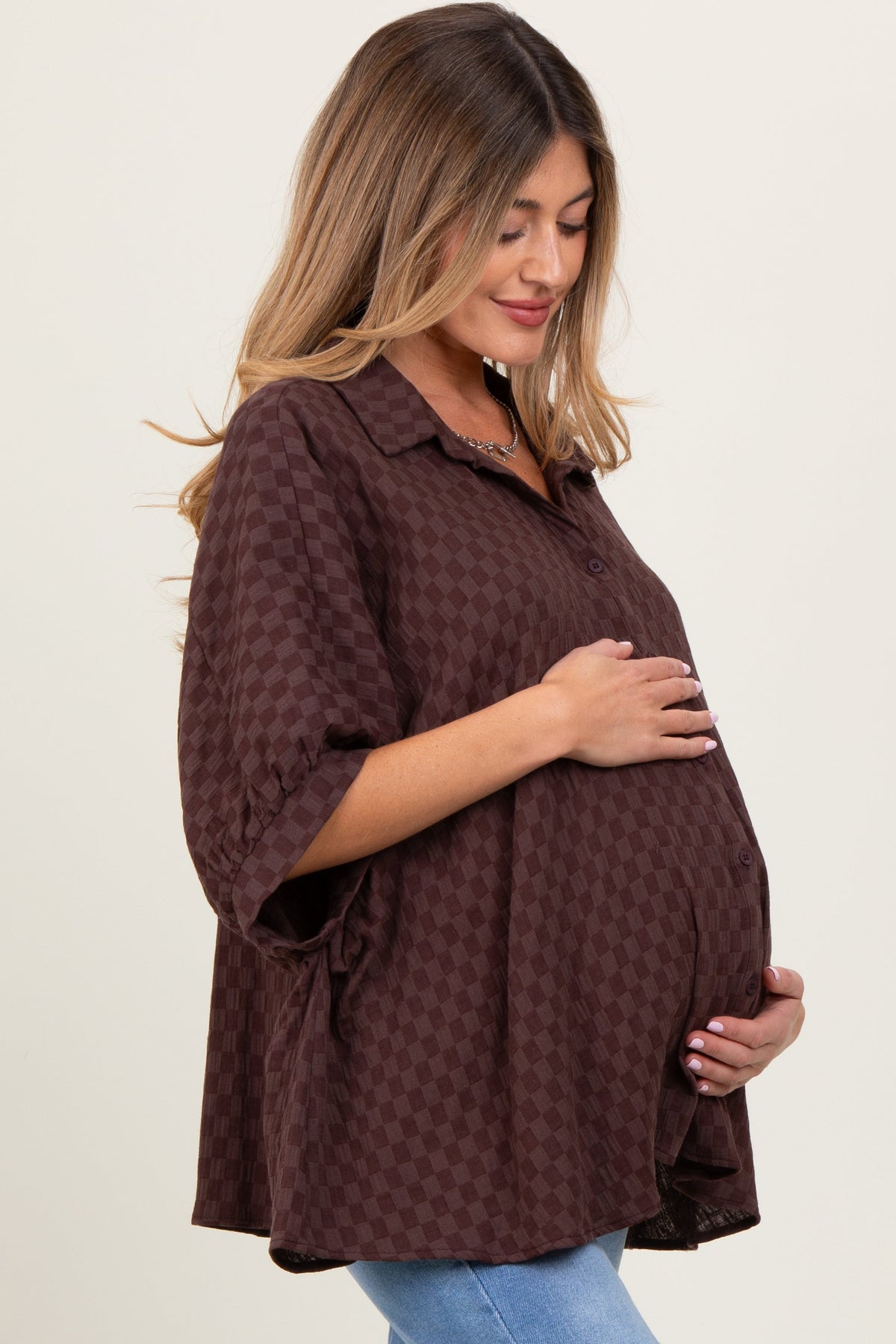 Brown Checker Print Short Sleeve Oversized Maternity Blouse