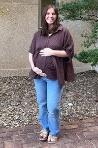 Brown Checker Print Short Sleeve Oversized Maternity Blouse