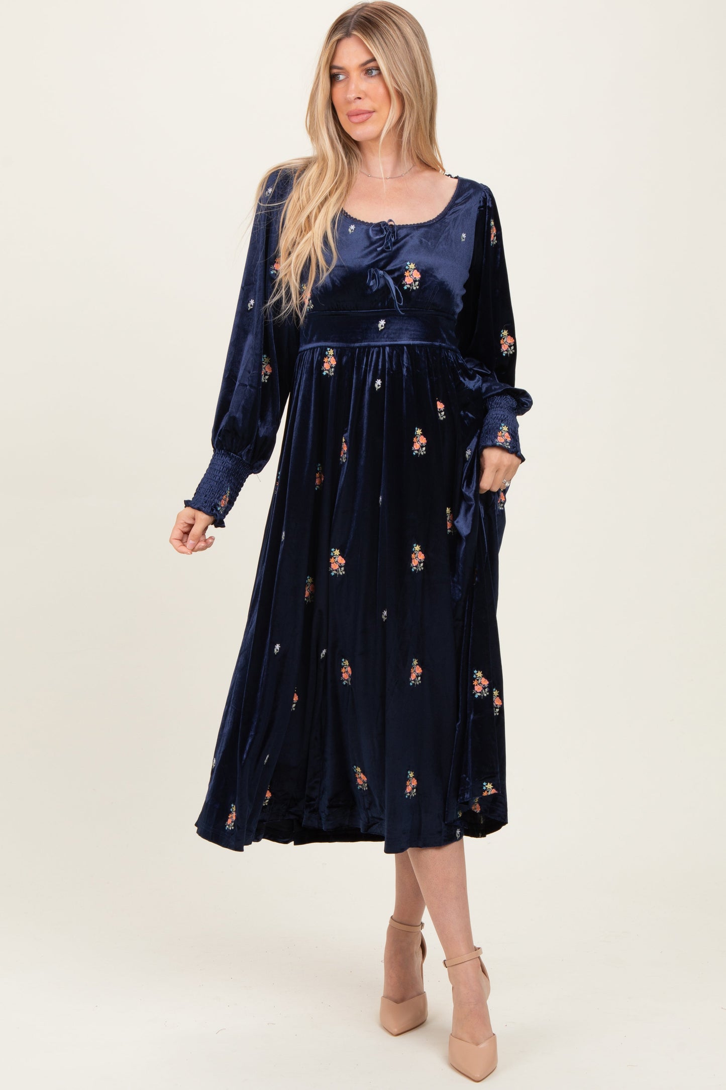 Navy Velvet Embroidered Floral Maternity Midi Dress