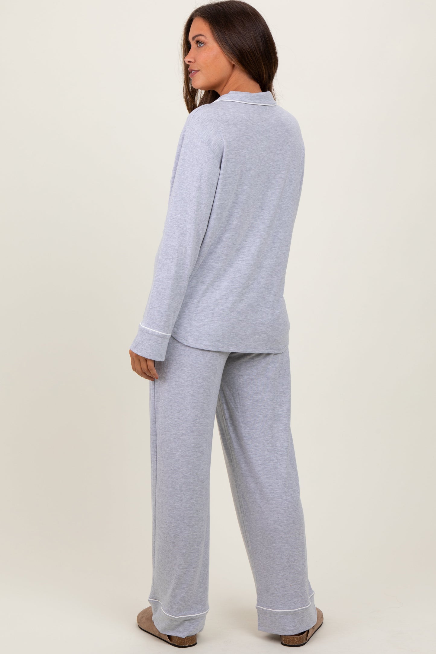 Heather Grey Button Down Top Wide Leg Pant Maternity Pajama Set
