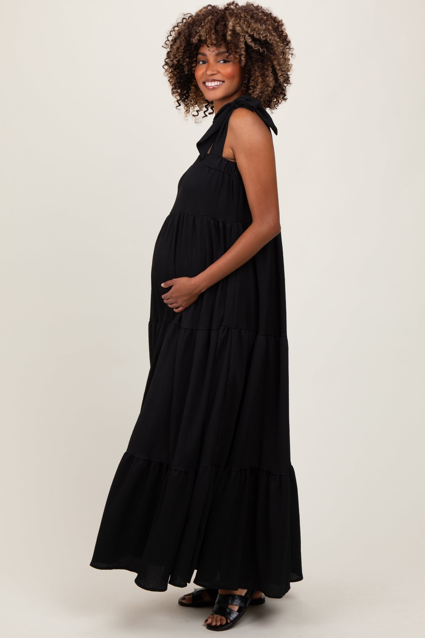 Black Shoulder Tie Tiered Maternity Maxi Dress