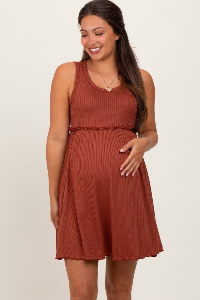 Rust Ribbed Sleeveless Lettuce Trim Maternity Mini Dress