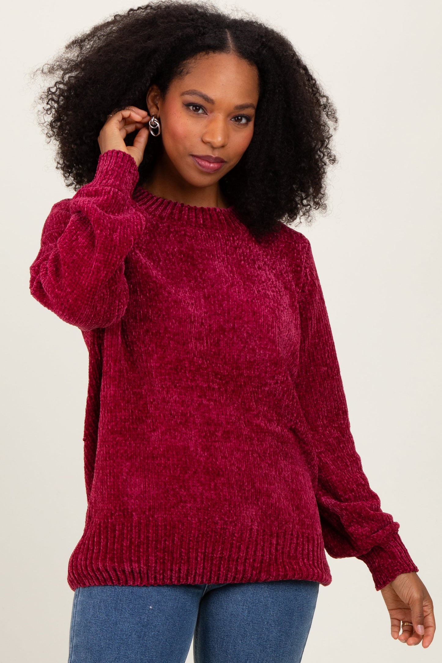 Burgundy Chenille Knit Balloon Sleeve Sweater