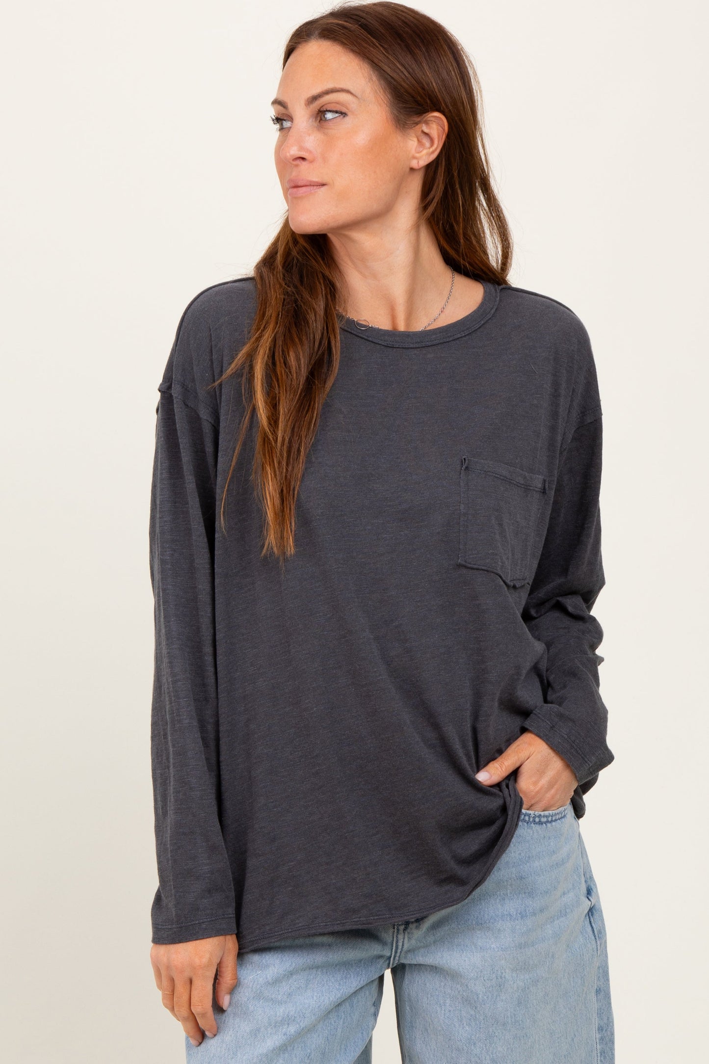 Charcoal Mineral Wash Front Pocket Long Sleeve Maternity Top