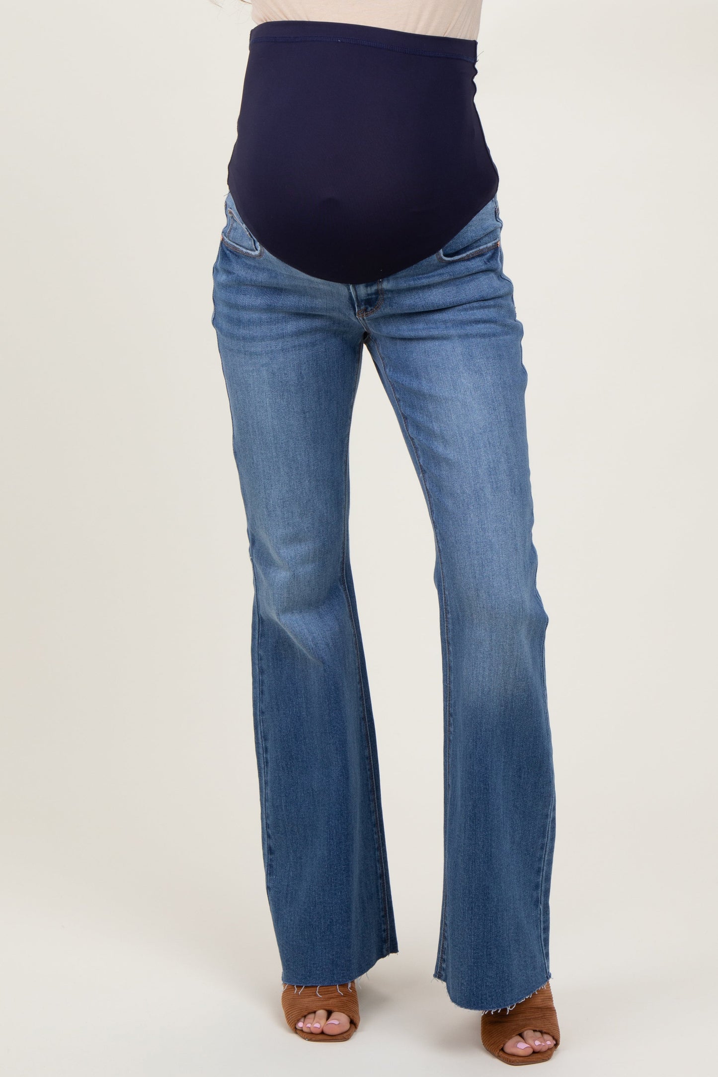 Blue Raw Cut Hem Flare Maternity Jeans