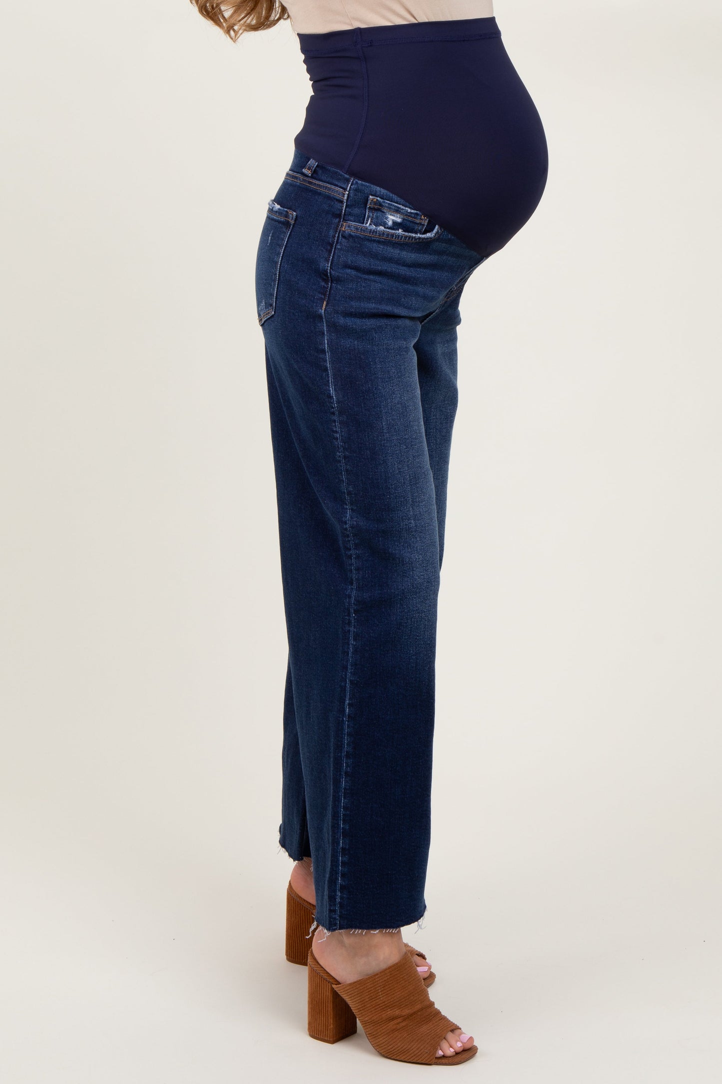 Navy Blue Raw Hem Wide Leg Maternity Jeans