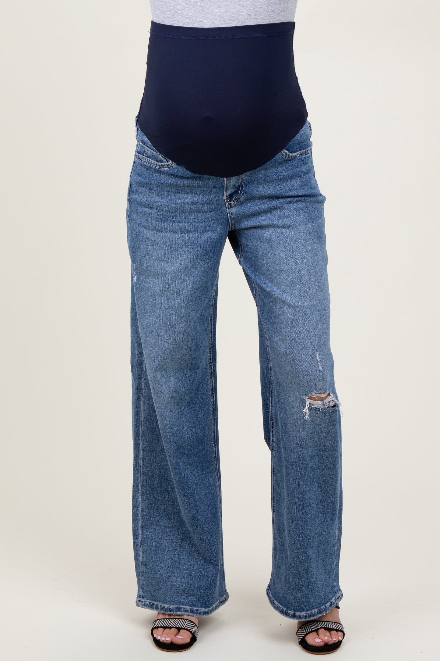 Blue Distressed Open Knee Wide Leg Maternity Jeans