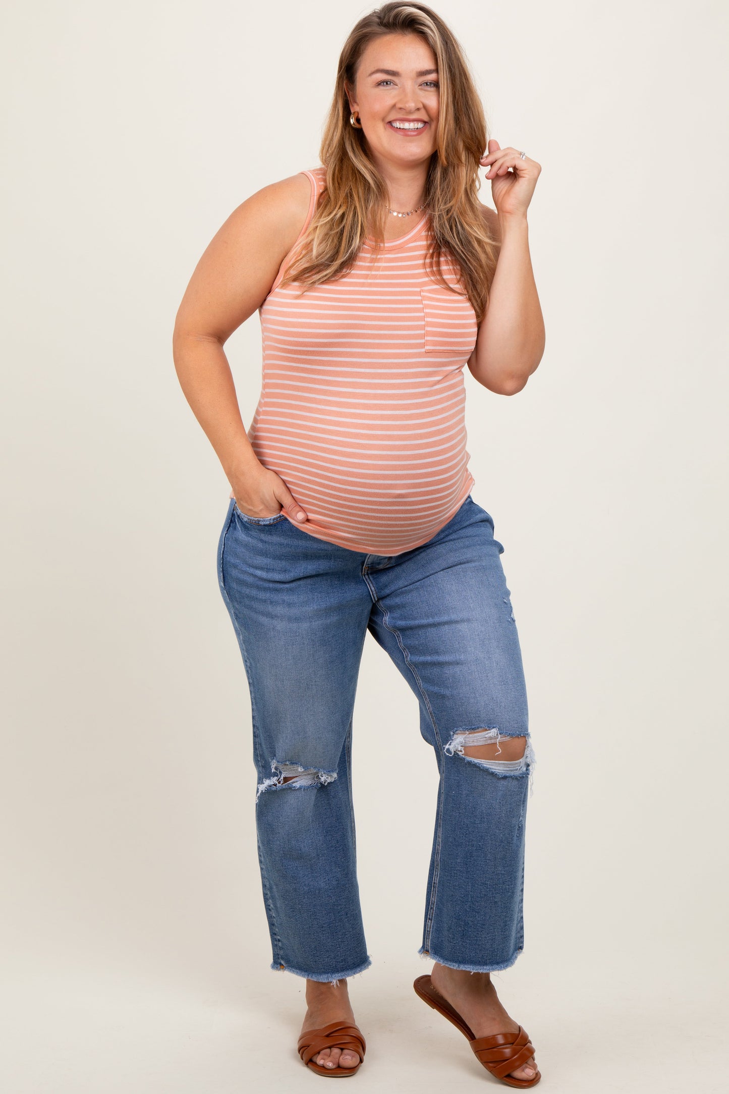 Blue Open Knee Fringe Hem Cropped Wide Leg Maternity Plus Jeans