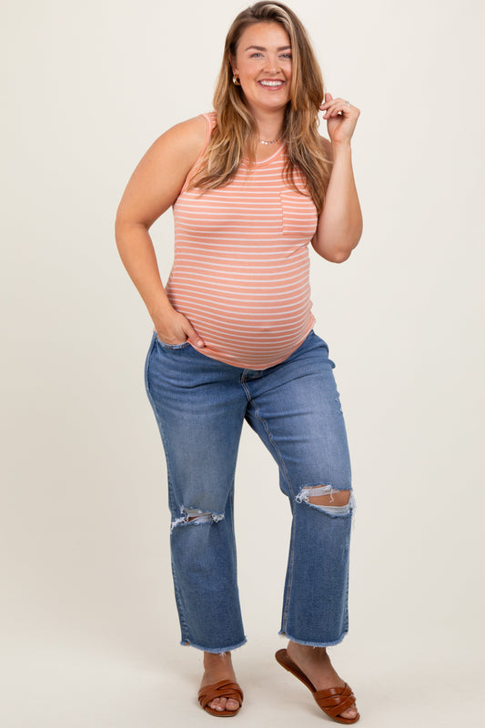 Blue Open Knee Fringe Hem Cropped Wide Leg Maternity Plus Jeans