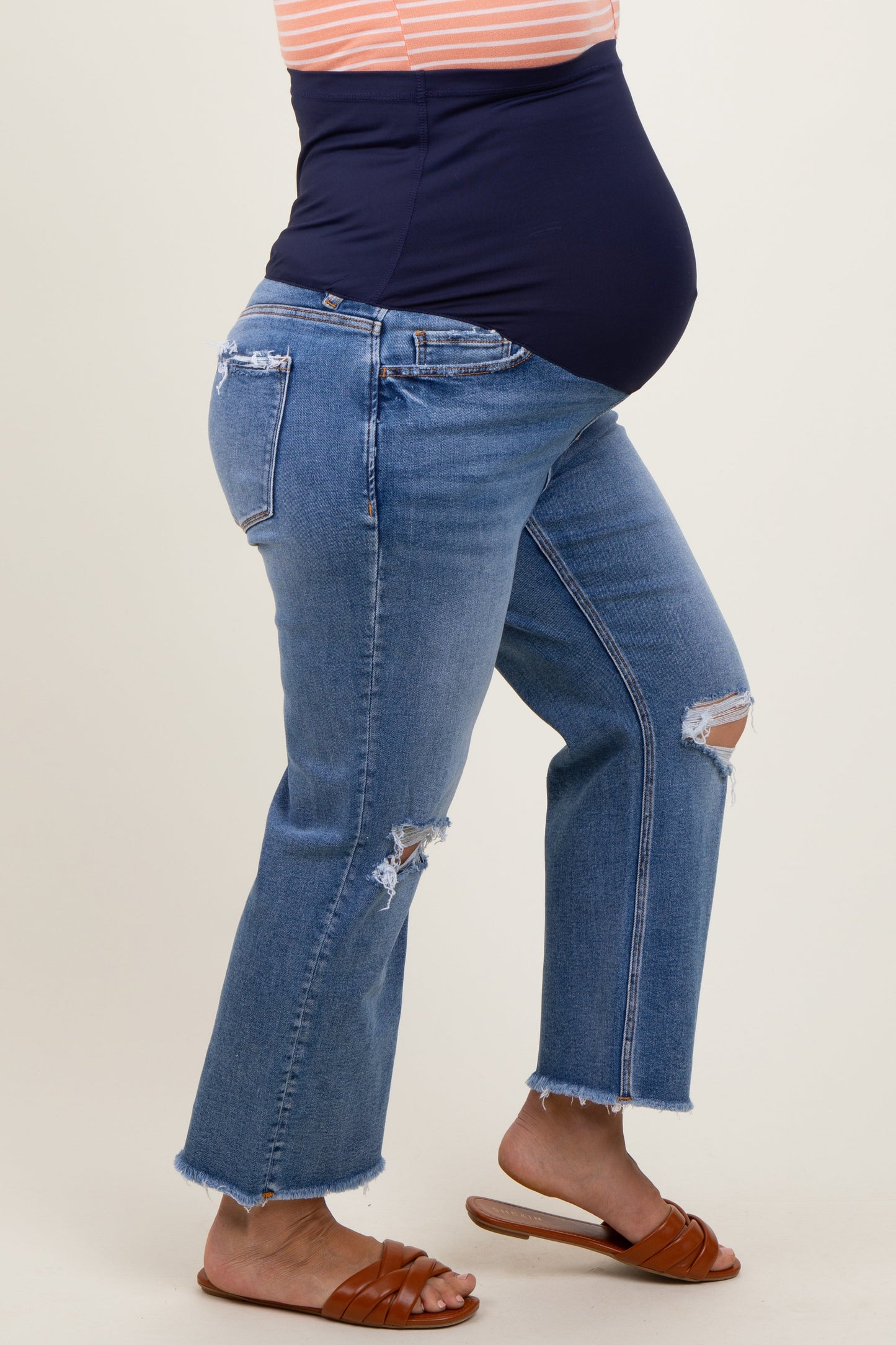 Blue Open Knee Fringe Hem Cropped Wide Leg Maternity Plus Jeans