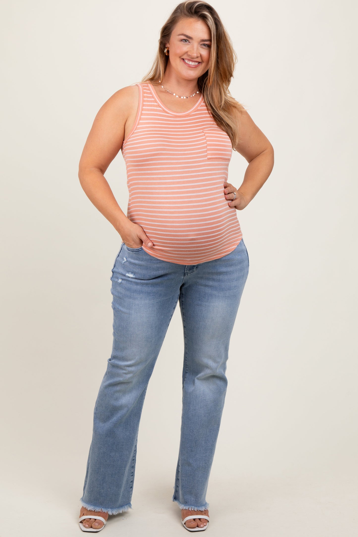 Light Blue Distressed Fringe Hem Flare Leg Maternity Plus Jeans