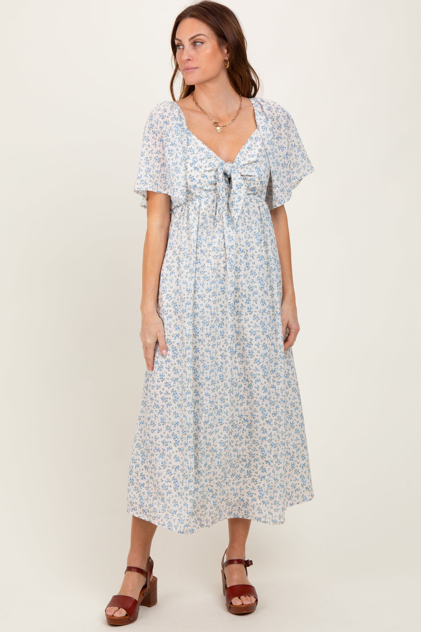 Blue Floral Front Tie Midi Dress
