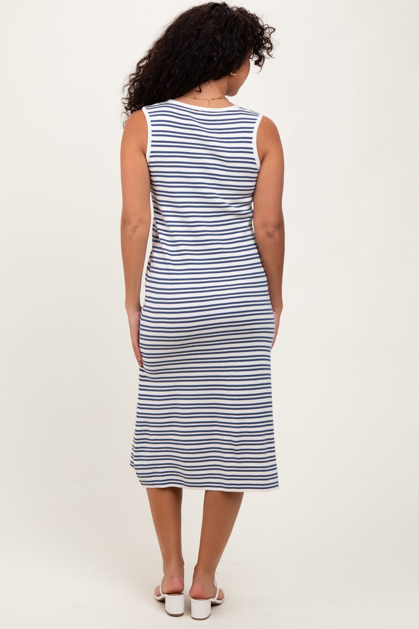 Navy Striped Knit Sleeveless Midi Dress