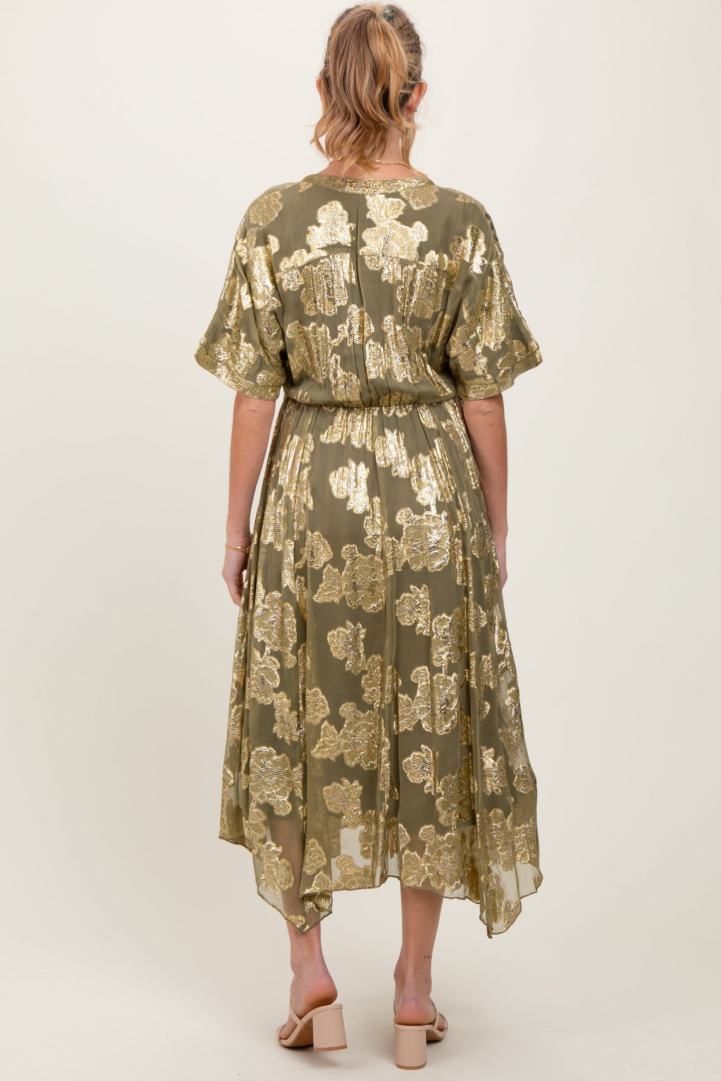 Olive Metallic Floral Jacquard Overlay Maternity Maxi Dress