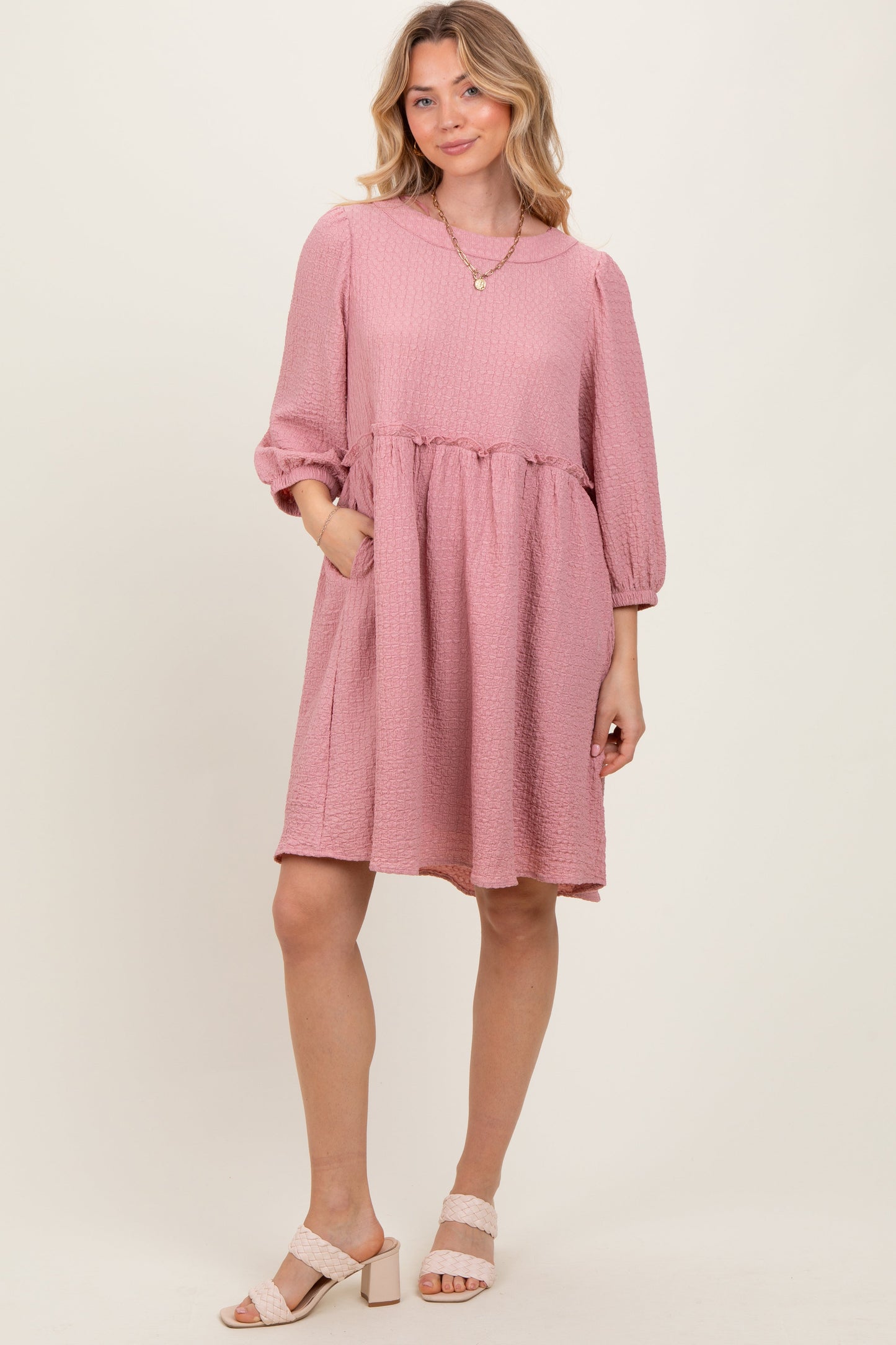 Mauve Knit Ruffle Trim Dress