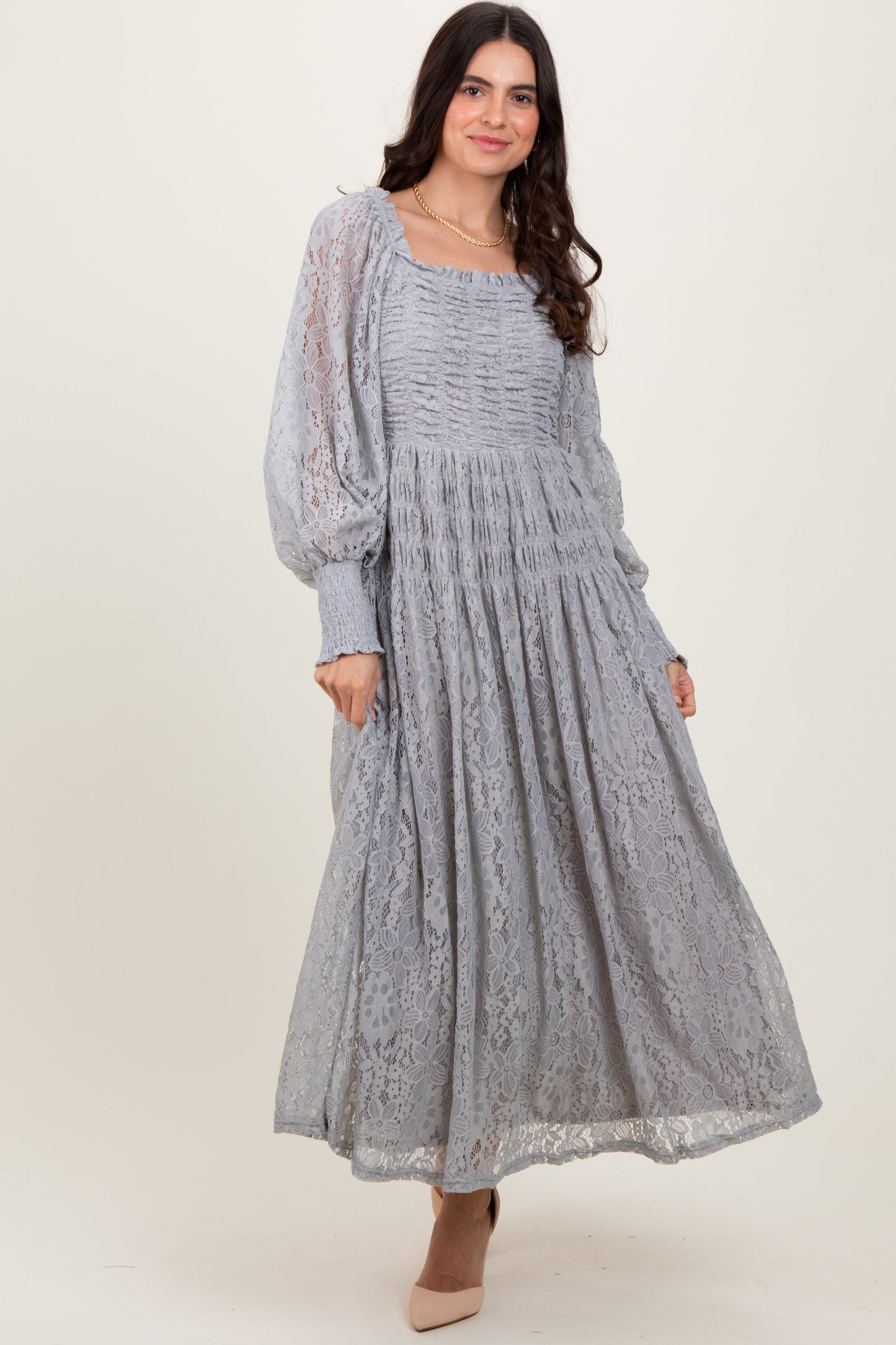 Heather Grey Lace Smocked Bubble Sleeve Maxi Dress