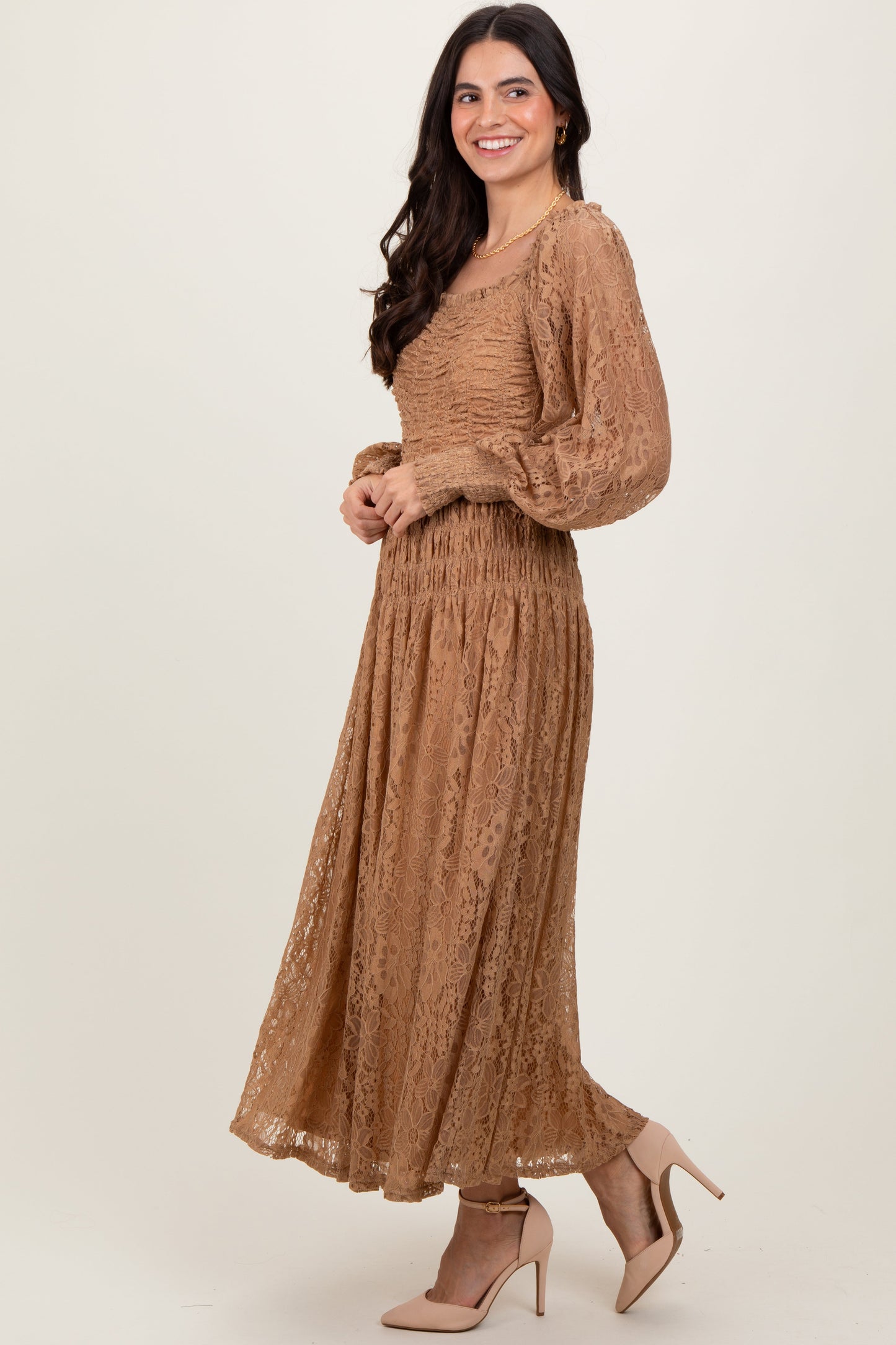 Camel Lace Smocked Bubble Sleeve Maxi Dress