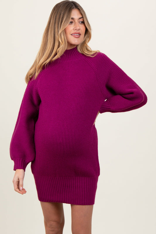 Magenta Mock Neck Maternity Sweater Mini Dress