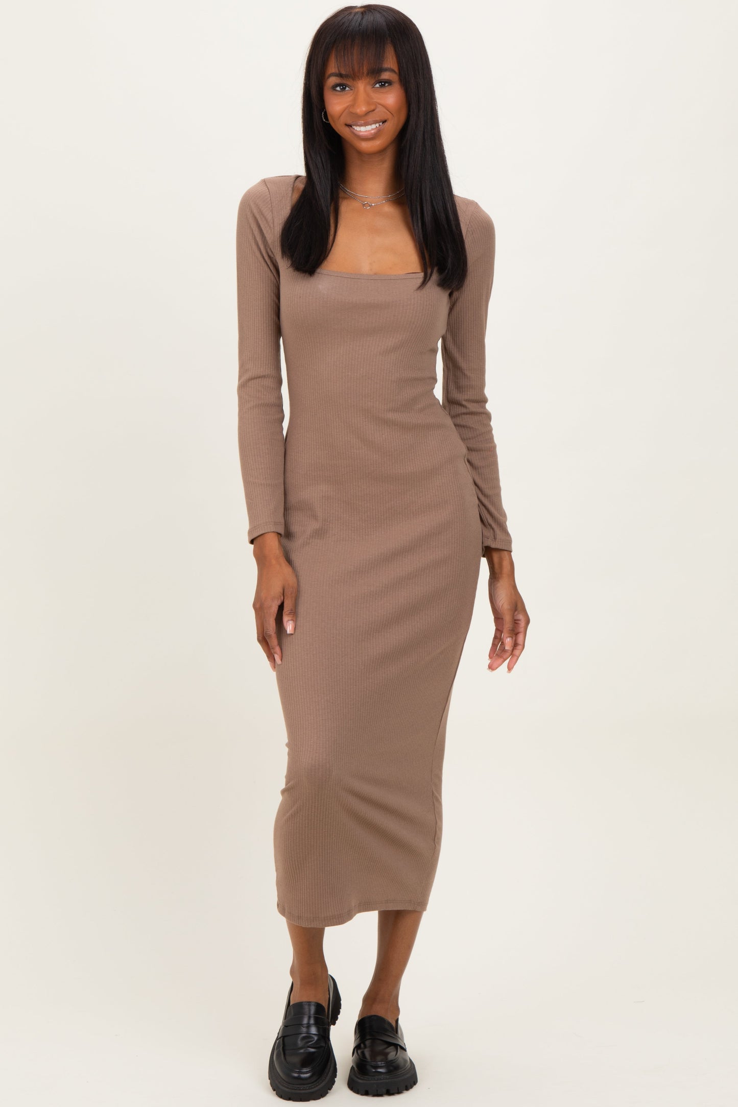 Taupe Square Neck Rib Long Sleeve Maternity Maxi Dress