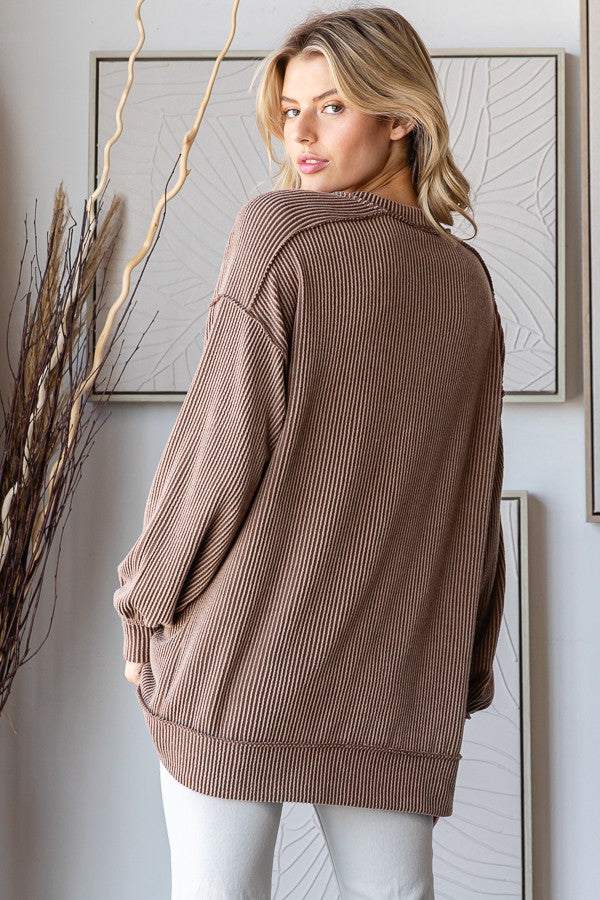 Mocha Ribbed Knit Front Pocket Pullover