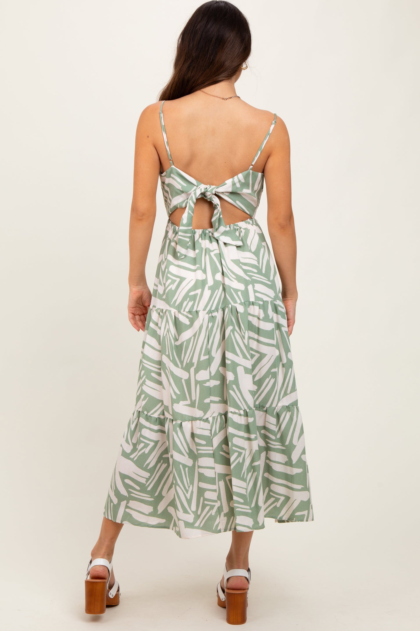 Light Olive Printed Cutout Tie Back Tiered Midi Dress