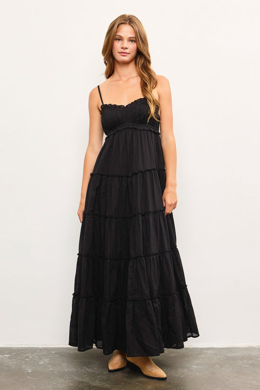 Black Shirred Bust Ruffle Tiered Maxi Dress