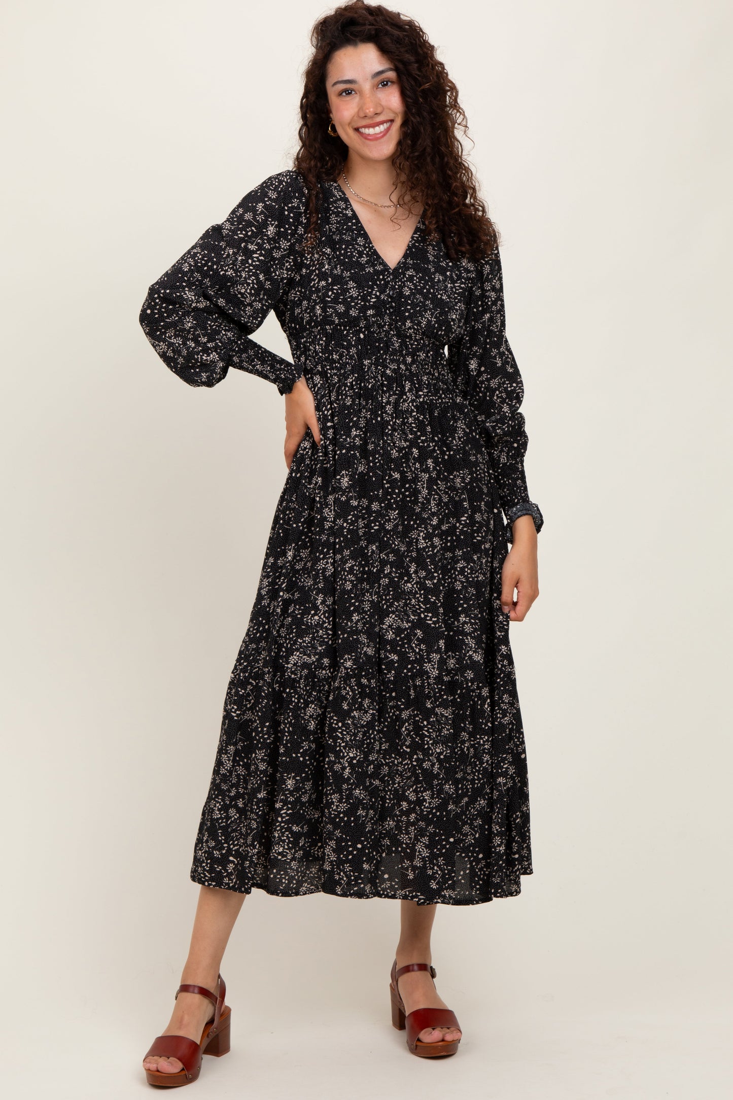 Black Floral Button Maternity Maxi Dress